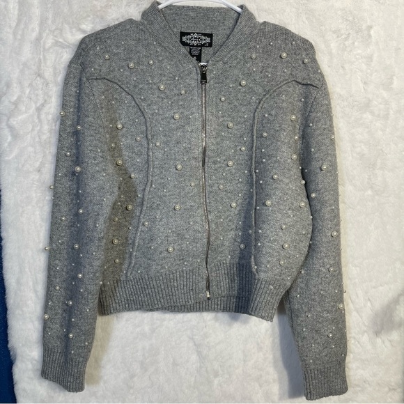 Oliver O Womens XL Melange Gray Beaded Pearl Zip Knit Sweater Wool Ribbed NWT - Picture 2 of 16